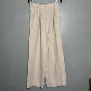 Lucy Paris Women’s High Waist Wide Leg 100% Linen Trouser Pants Tan Small 38